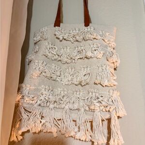 Boho Fringe Tote Bag in Cream